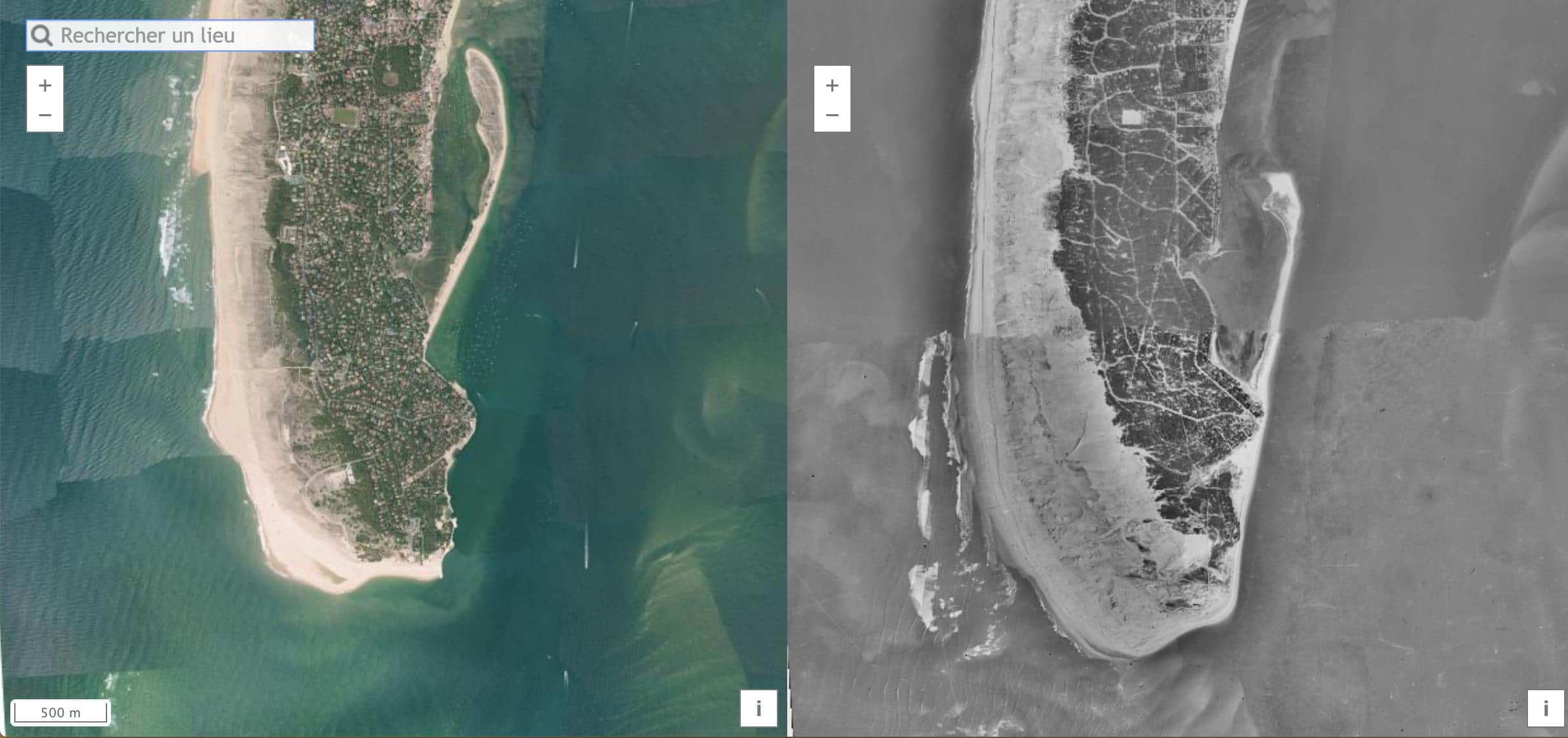 Vues aériennes de la pointe du Cap Ferret en 2015 et 1950