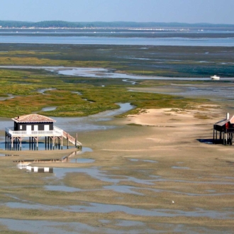 Ile aux oiseaux et ses cabanes tchanquées au Cap Ferret