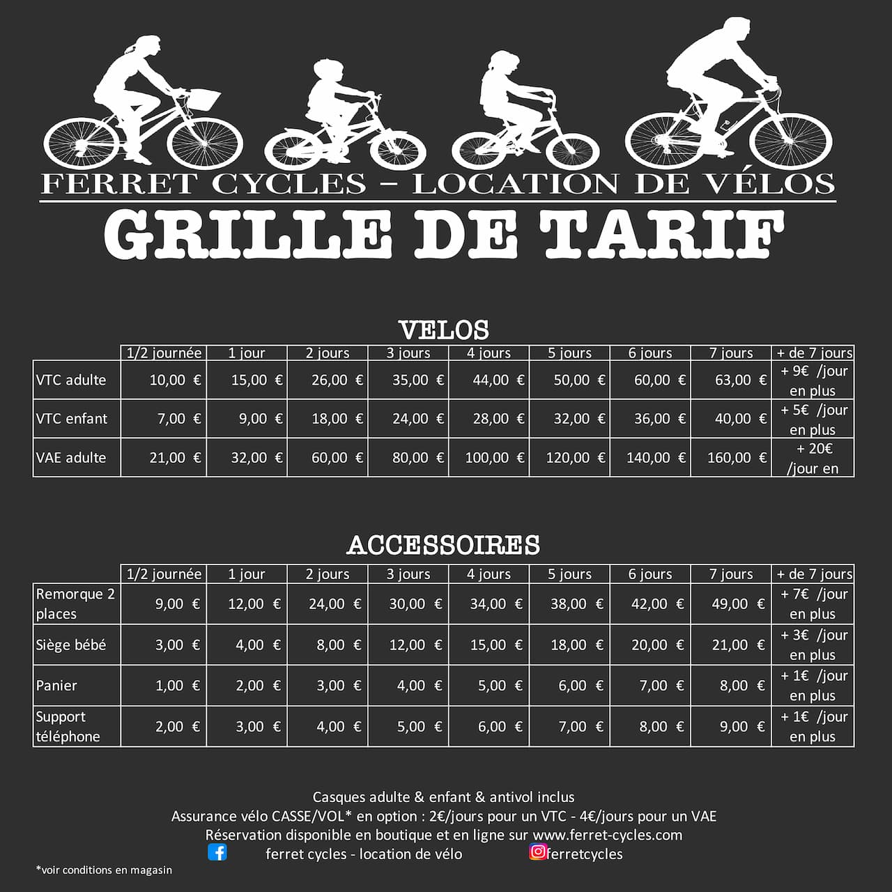 Grille des tarifs de location de vélo Ferret Cycles à La Vigne