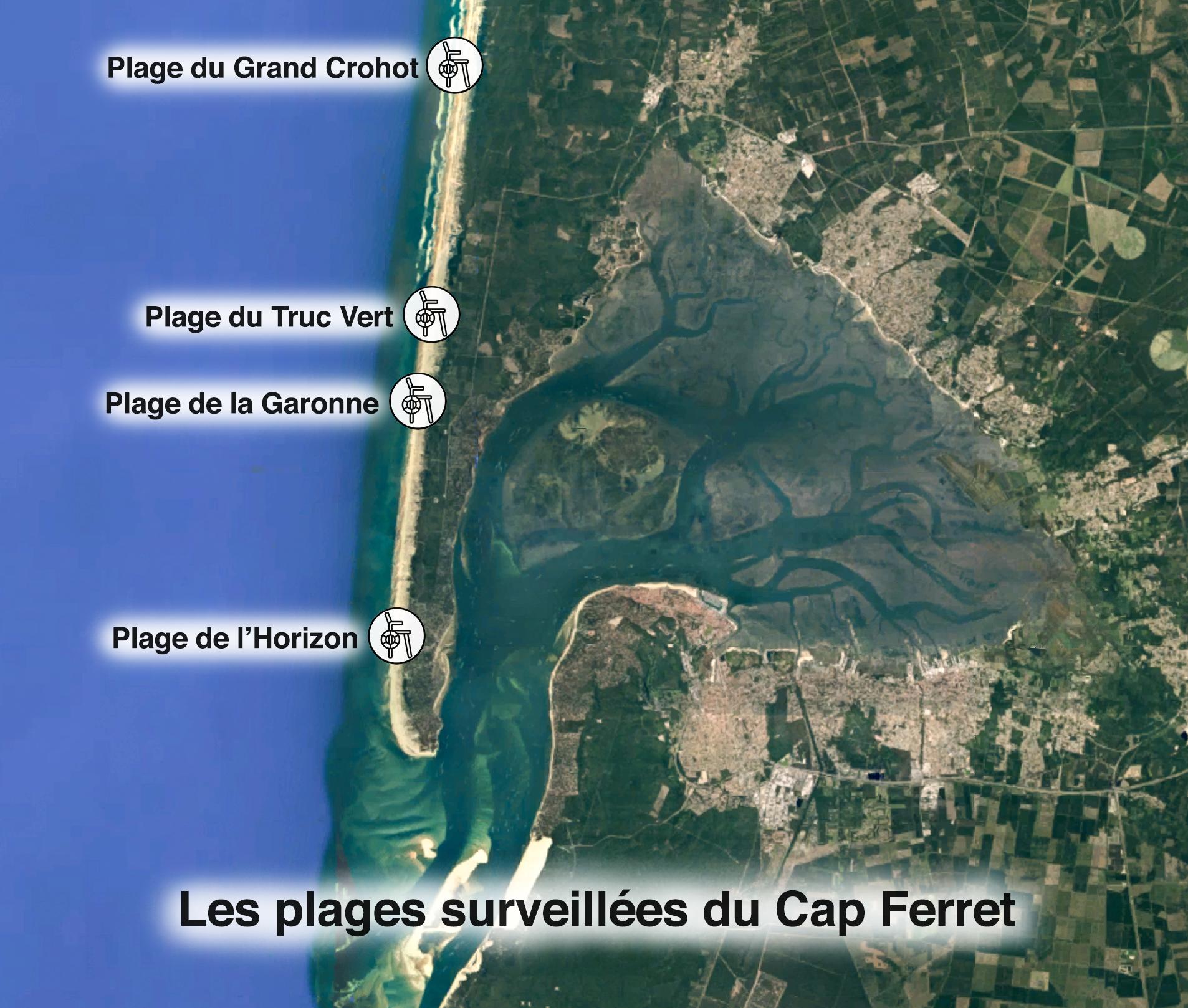 Carte des plages surveillées sur la presqu'ile de Lège Cap Ferret