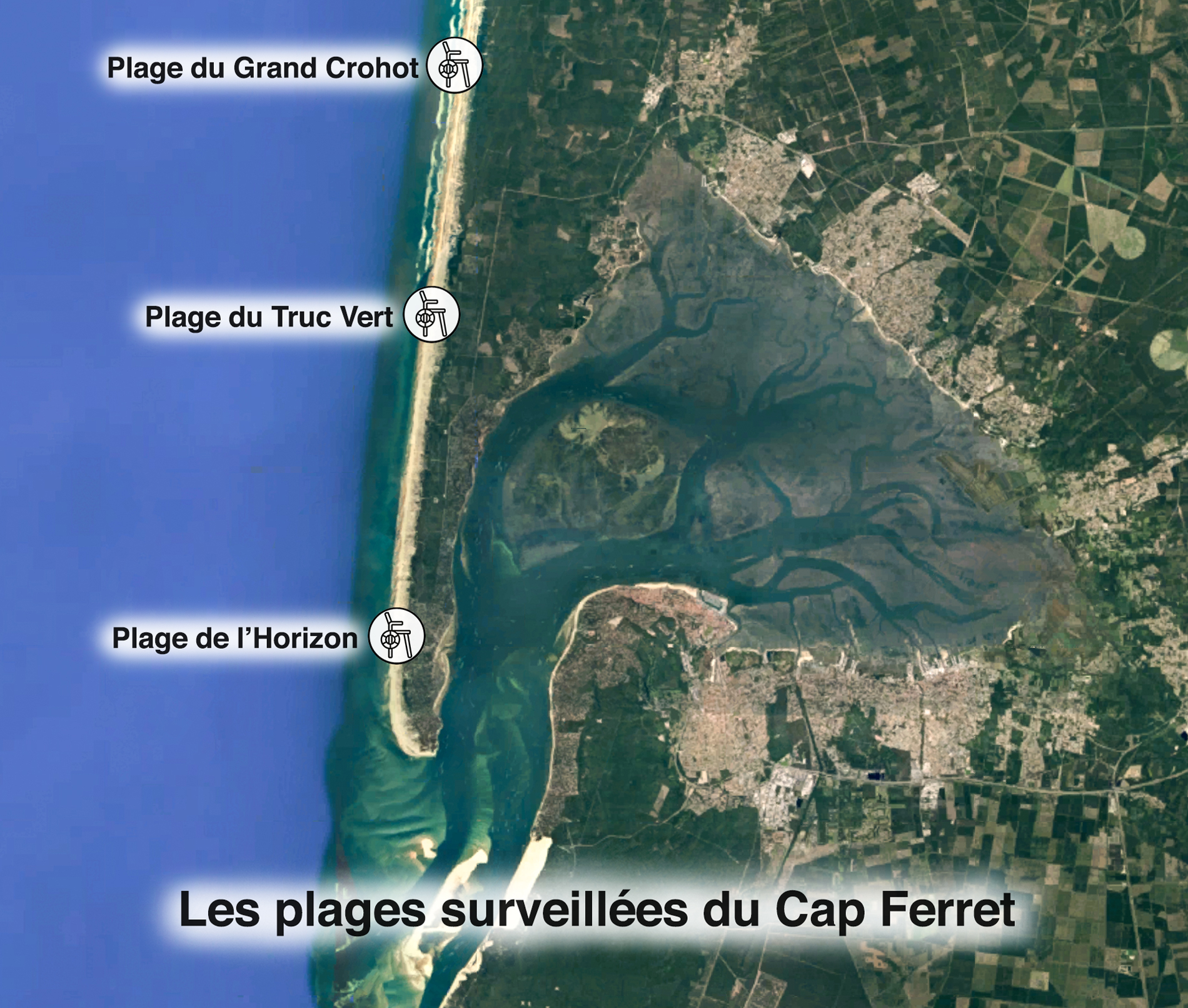 Carte des plages surveillées du Cap Ferret - Saison 2022
